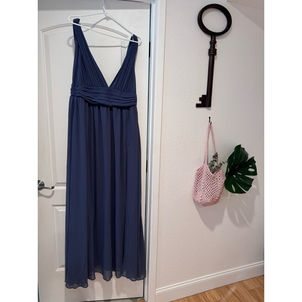 Dusty‎ Navy Blue Chiffon V-Neck Maxi Dress Formal Evening Gown with Slit